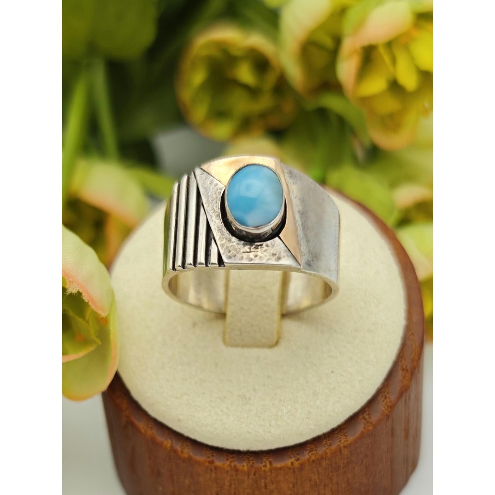 Brutalist Artisan Larimar Sterling Silver 18K Gold Ring Unisex 9.5 Blue Modern